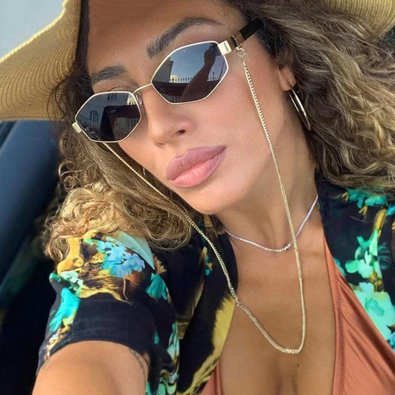 Sexy Sunglasses Women With Chain Small Frame Hexagon Luxury Brand Designer Punk Sun Glasses For Ladies Shades Fashion Square Vintage Cat Eye Oval Meta