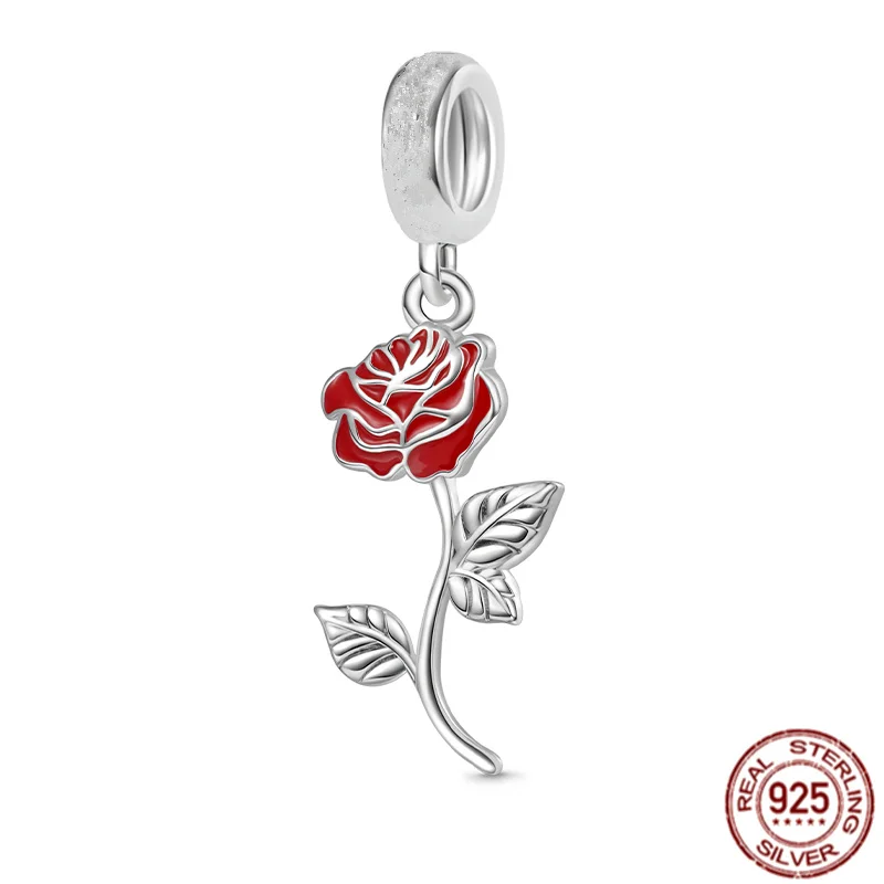 925 Sterling Silver Moth Orchid, Rose, Daisy Flowers Pendant Green Clover Charm Beads Fit Original Pandora Bracelet DIY Jewelry