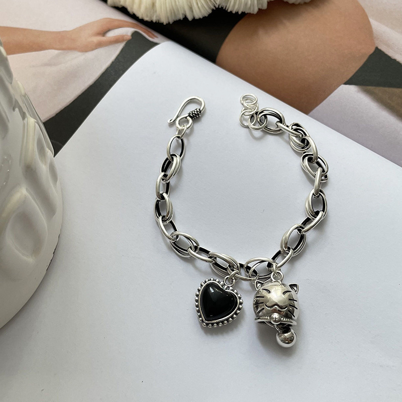 100% 925 Sterling Silver Sweet Cat Animal Bell Black Love Heart Resin Ladies Charm Bracelets Jewelry For Women Gifts No Fade
