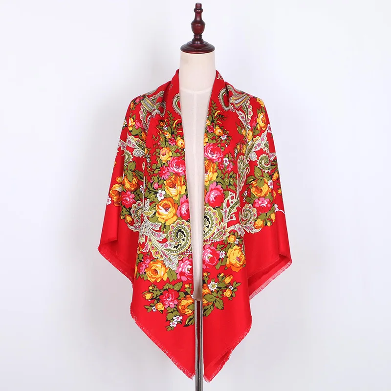 Russian Style Big Size Square Scarf Luxury Women Floral Print Bandana Wraps Female Retro Short Tassel Ethnic Shawl Handkerchief