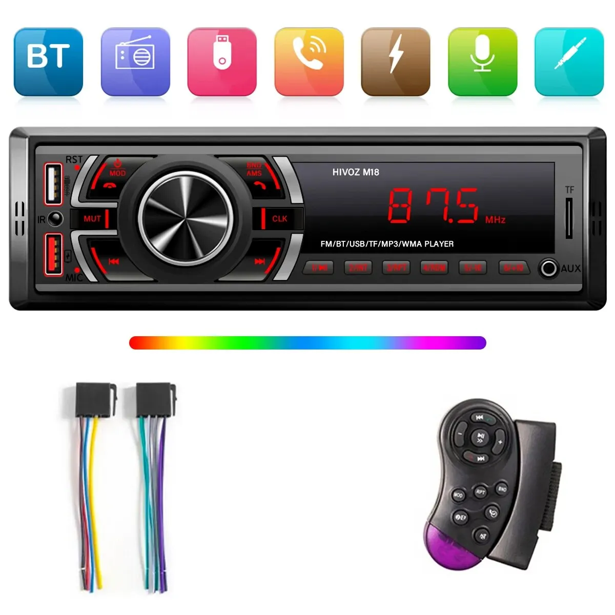 HIVOZ Car Stereo 1 Din Bluetooth MP3 Player 60Wx4 FM Radio Receiver with Remote Control BT/AUX/TF/USB Card In Dash