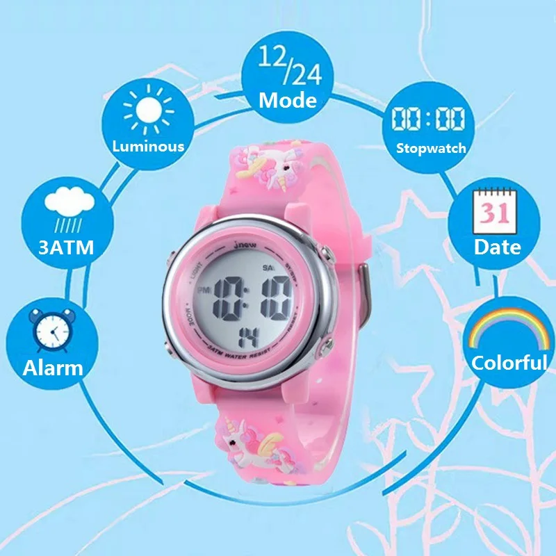 Beautiful Cute 3D Heart Rainbow Unicorn Girls Kids Children Silicone Waterproof Digital Sport Alarm Luminous Gifts Watches Clock