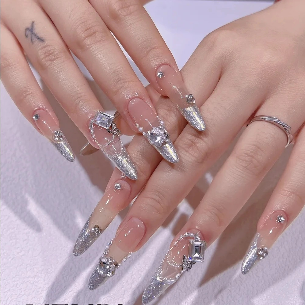 10 handmade pressed nails handmade long almond French fake nails Christmas and Year limited edition silver nail n with set 241031