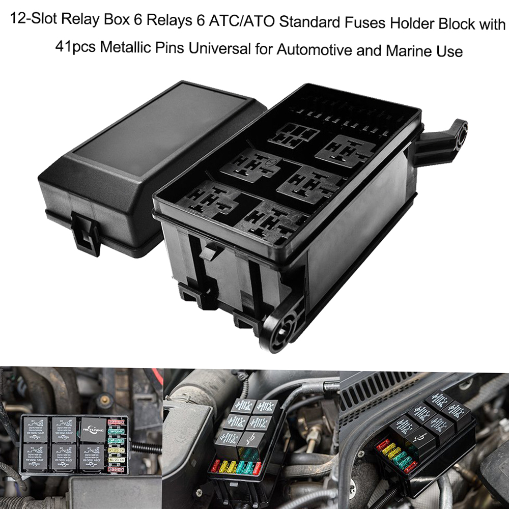 12-Slot Relay Box 6Relays 6 ATC/ATO Standard Fuses Holder Block with 41pcs Metallic Pins Universal for Automotive and Marine Use