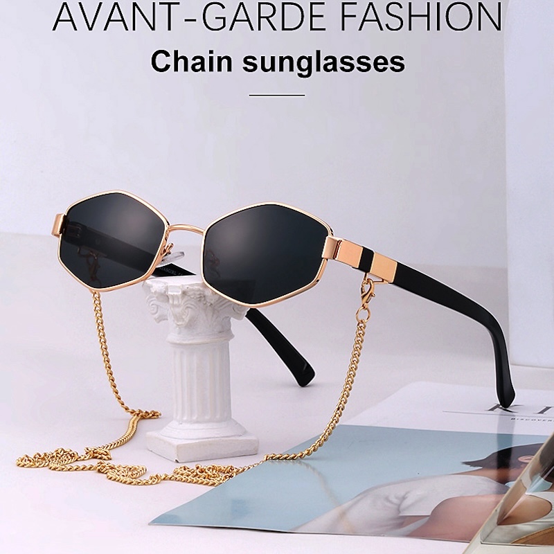Sexy Sunglasses Women With Chain Small Frame Hexagon Luxury Brand Designer Punk Sun Glasses For Ladies Shades Fashion Square Vintage Cat Eye Oval Meta