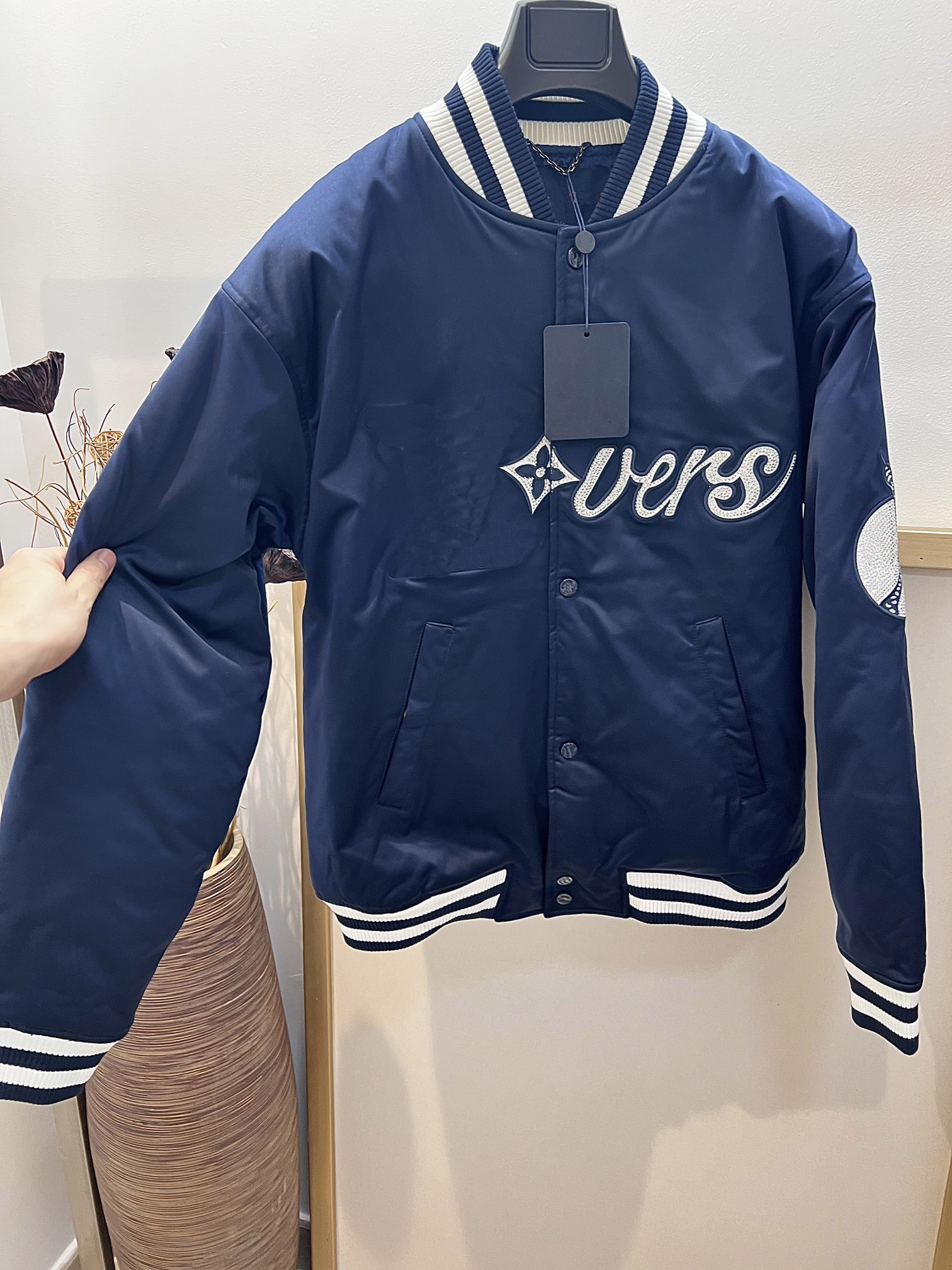 Highend brand designer jacket fashion embroidery stitching design US size blue short jacket high quality luxury mens jacket