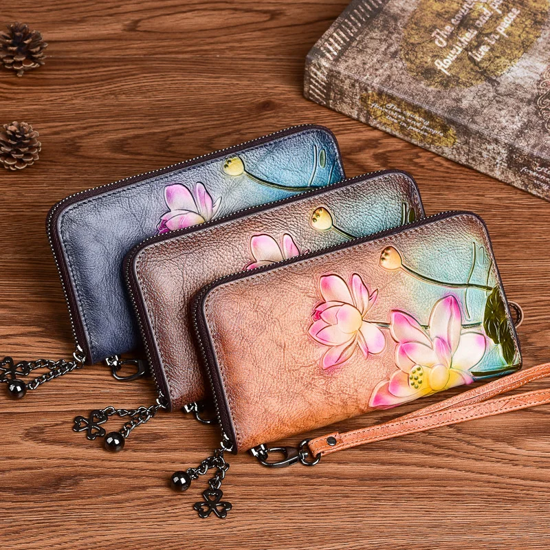 MOTAORA Vintage Long Wallets For Women Genuine Leather Phone Bags Lotus Floral Pattern Embossing Hand-painted Wallet Woman Purse