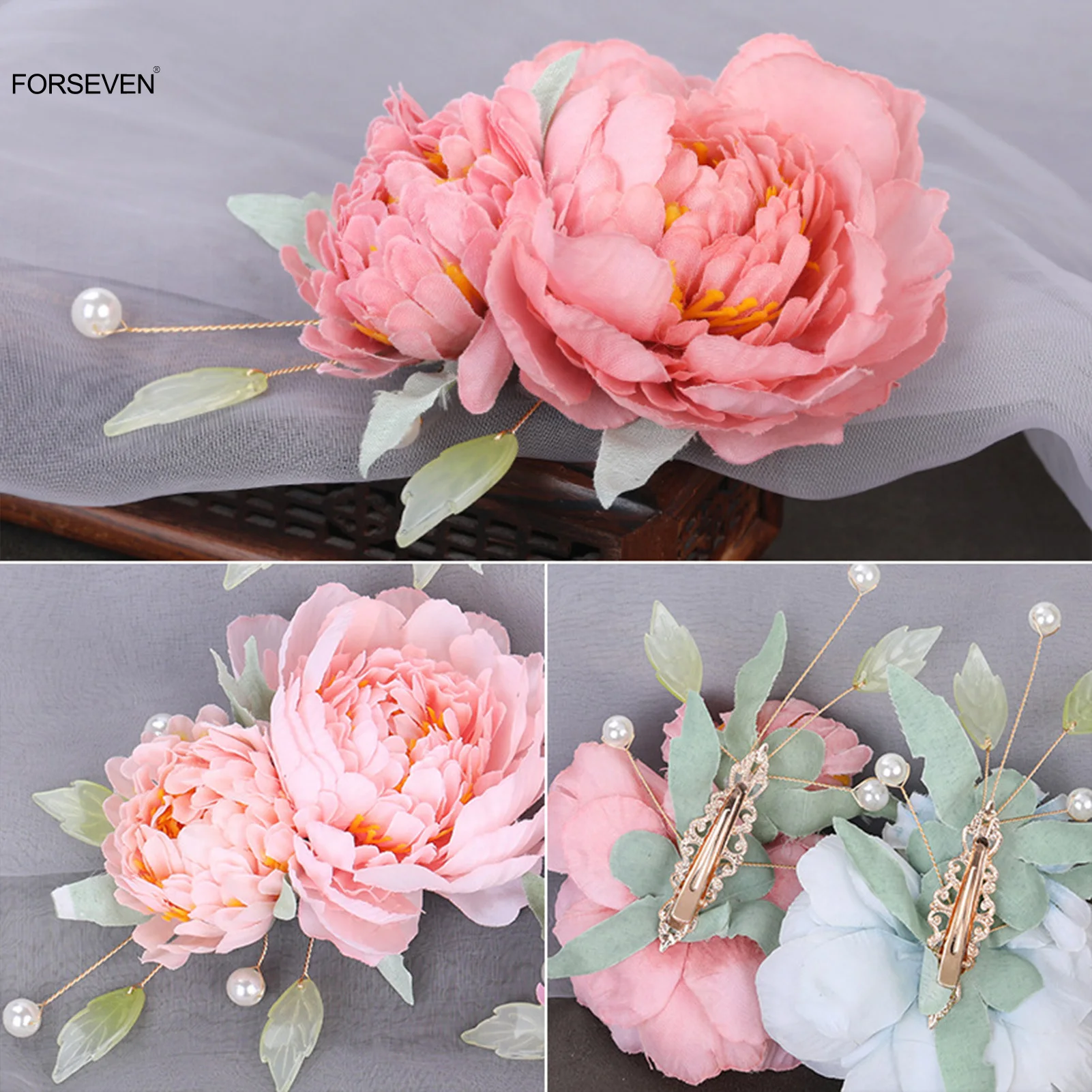 Silk Flower Hairpins Side Clips Ancient Chinese Style Hair Accessories Floral Hairclips Pearl Headpiece for Women Hanfu Dress