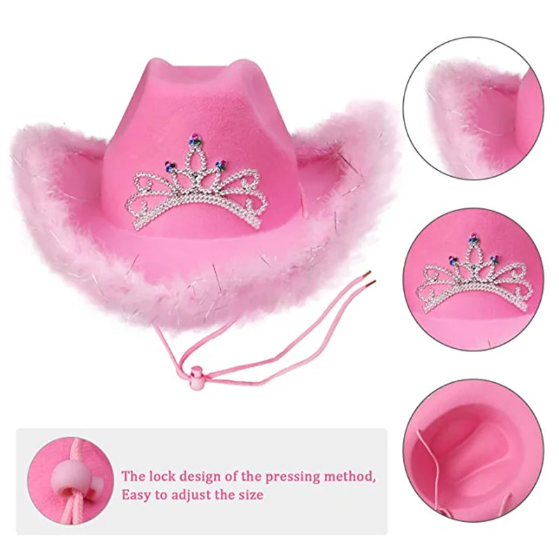Pink West Cowgirl Hats For Women Cow Girl Hats Tiara Feather Felt Western Sequin Cowboy Hat Costume Party Night Club Cap