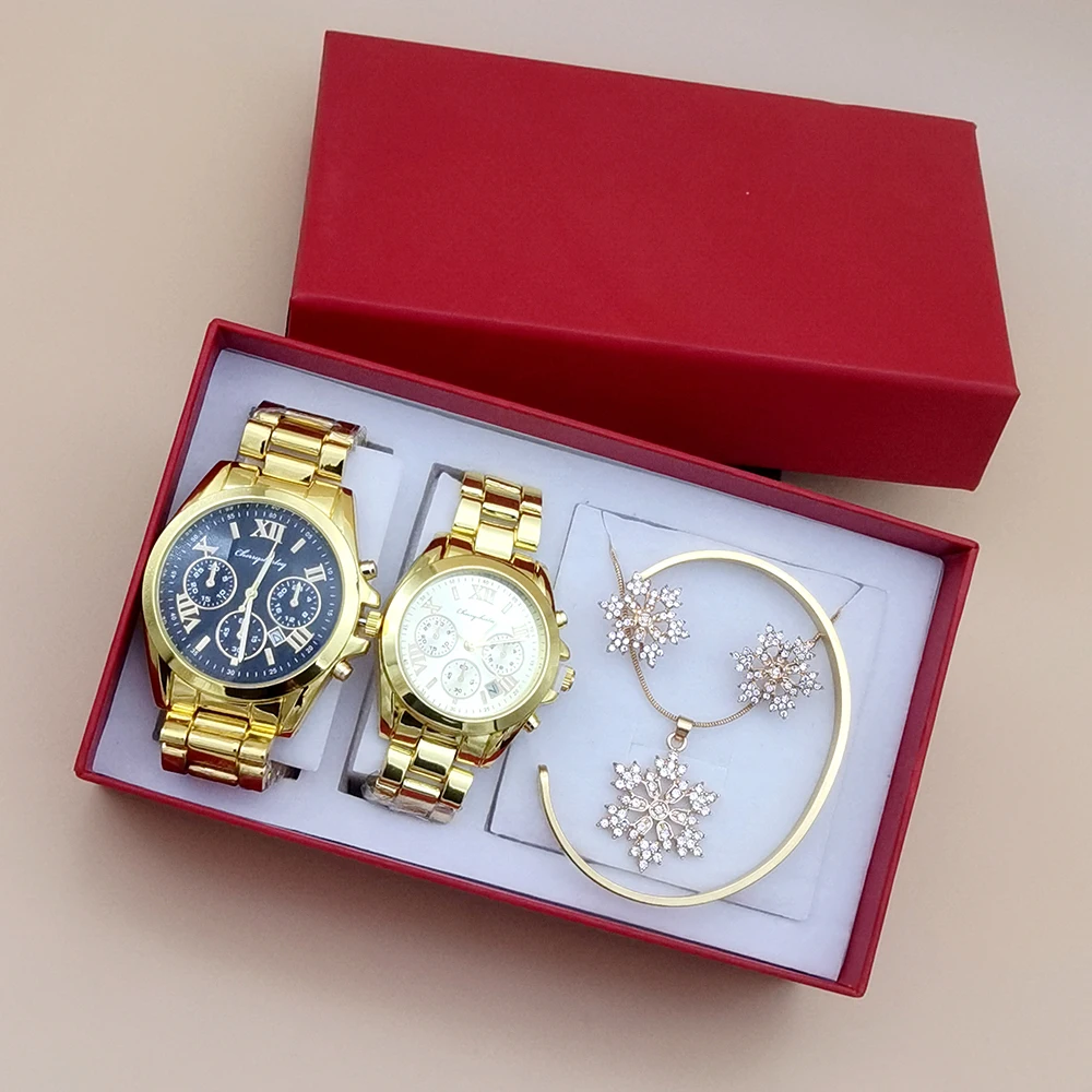 6Pcs Set Couple Watch Men Women Quartz Watch Luxury Three Eyes Steel Wristwatch Men's Bracelet Women's Earring Necklace With Box