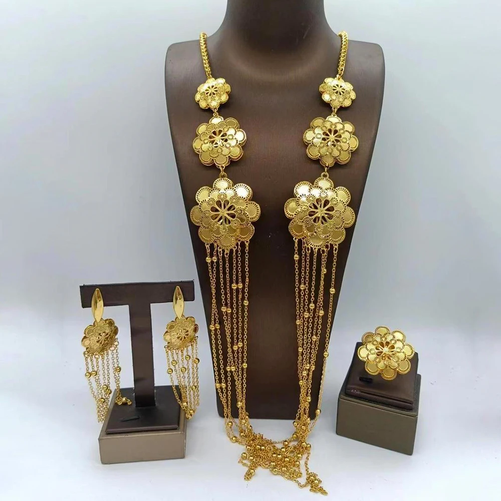 African Gold Color Jewelry Set for Ladies Bohemia Flower Design Long Chain Necklace and Earrings with Ring Set for Weddings Gift