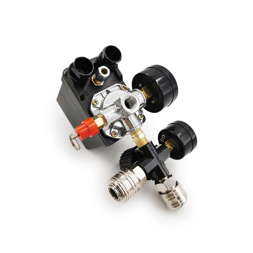 AC 220V Air Compressor Pump Pressure Control Switch 4 Port Manifold Relief Regulator 30-120PSI Control Valve with Gauge