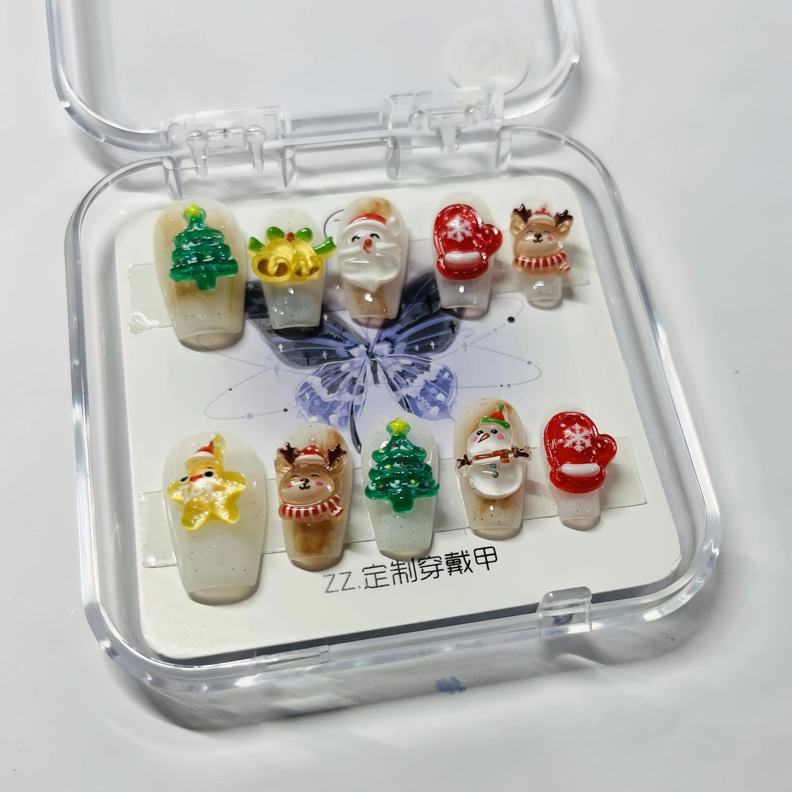 10 piece handmade Christmas tree nail snowman n wearable 3D cartoon short fake nail girl Christmas gift set 241031