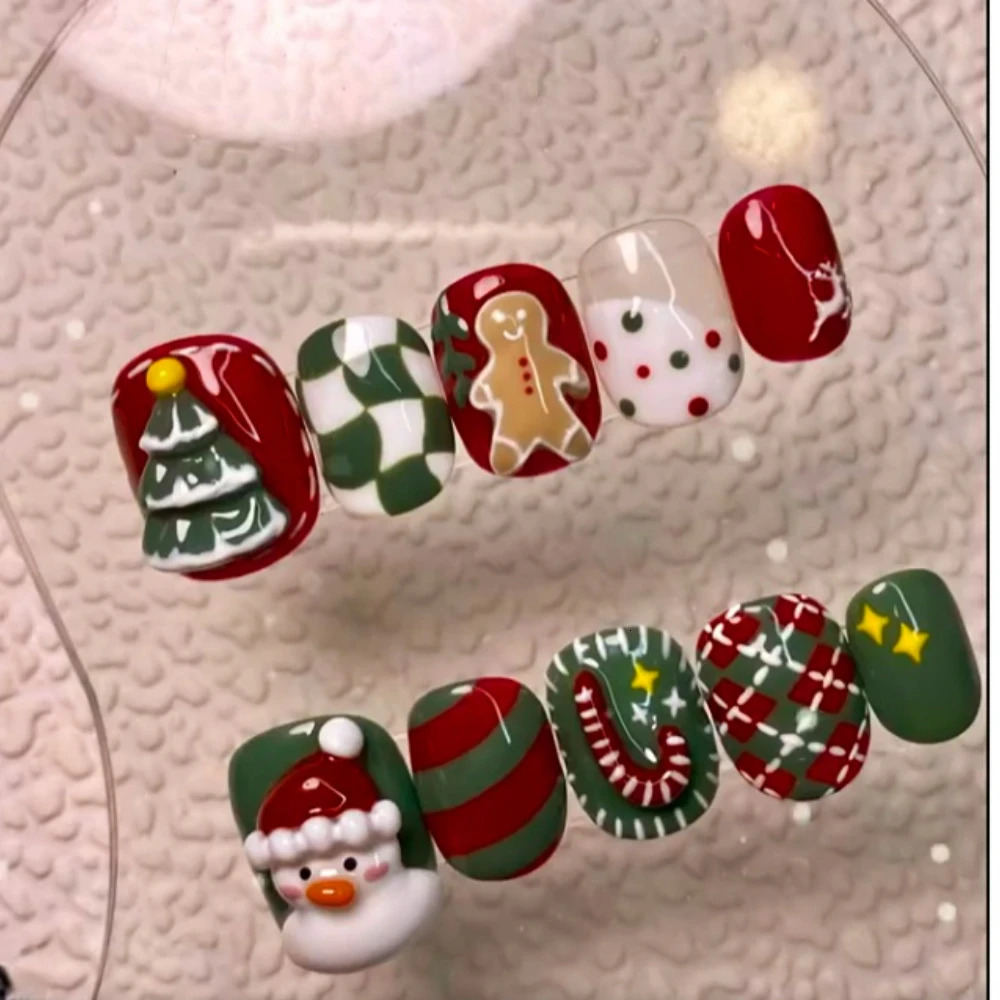 10 handmade pressed nails Christmas cute red gingerbread mens oval shaped fake nail n art female gift 241031