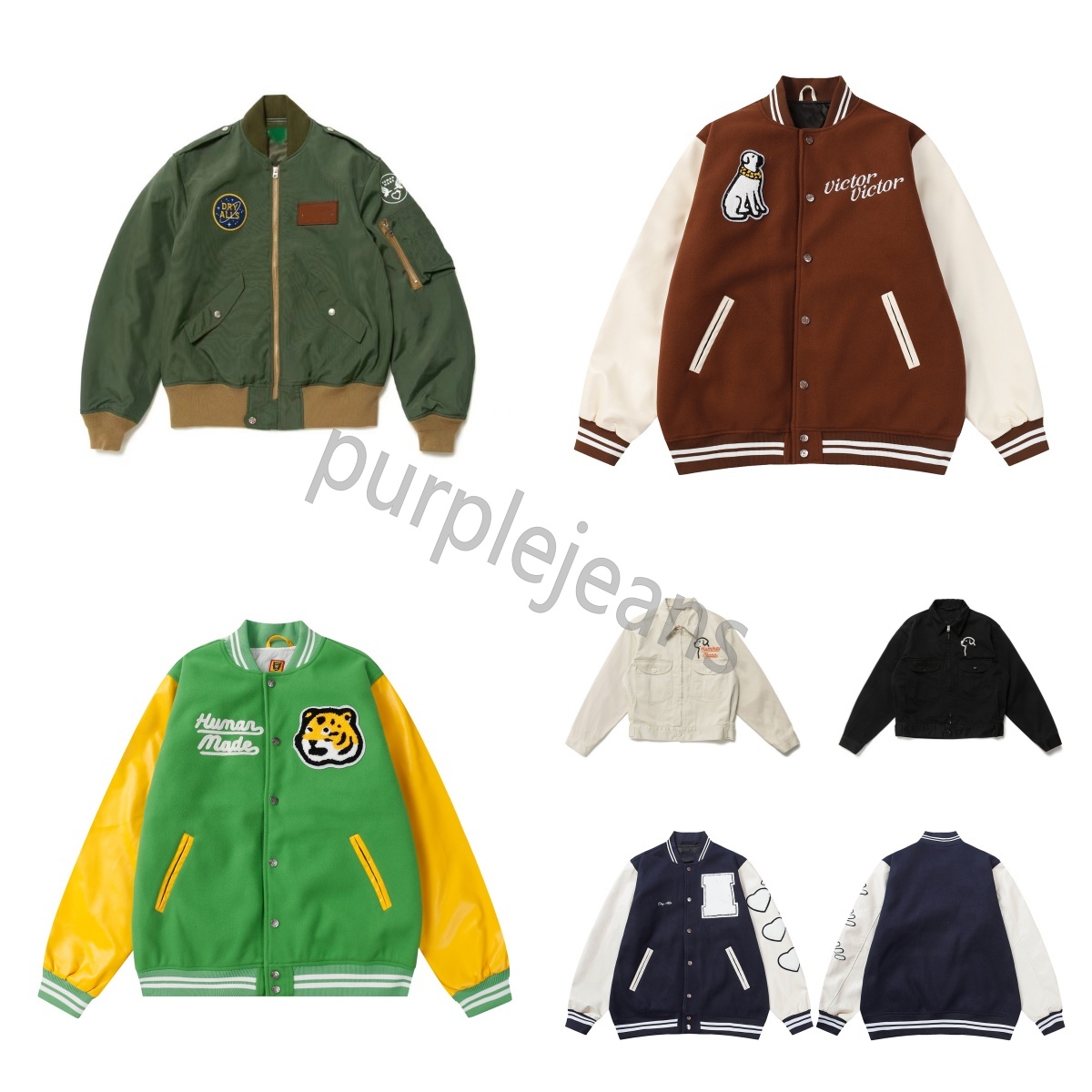 Men's Jackets Tiger Embroidery HUMAN Jacket Coat Men Women Thick Contrast Leather Sleeve Baseball Uniform MADE Jacket