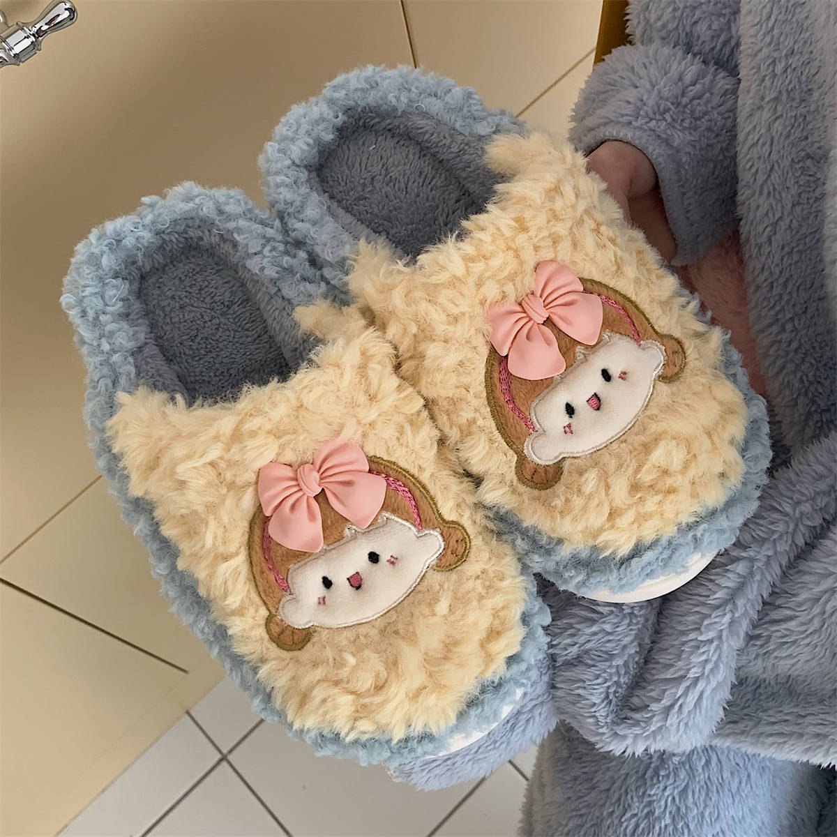 Cute girly heart Winter Toe-pack Warm cotton slippers Soft sole Slipper ladies indoor floor flat house non-slip shoes
