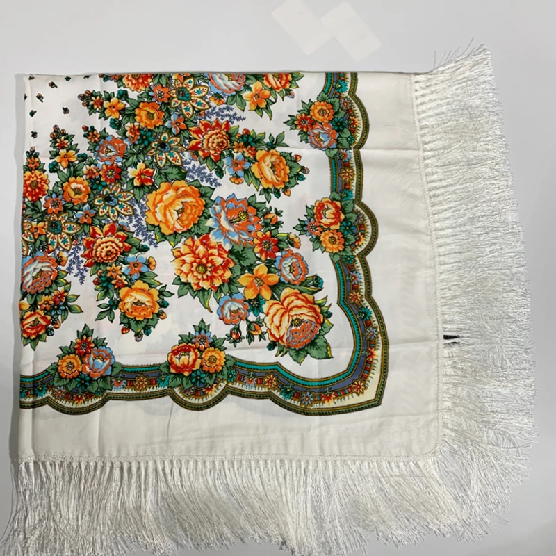 Russian Fringed Shawl Ukraine Babushka Square Bandana Head Scarf Female Hijab 2023 Women's Traditional Floral Printing Scarf