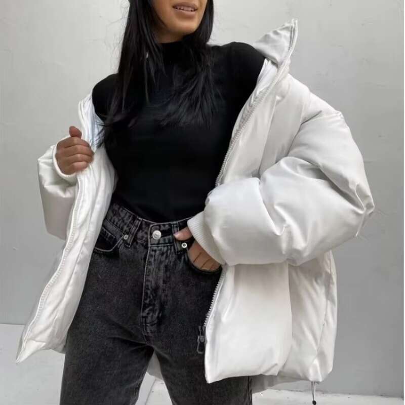 Autumn and winter women's designer solid color thick warm loose hooded zipper quilted jacket cotton coat, outdoor windbreaker jacket, jacket, whi