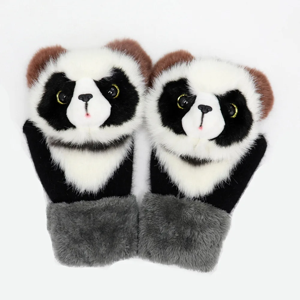 Female Warm Winter Gloves with Unicorn Animals Cat Fox Dog Girls Faux Fur Turn Cuff Extended Length Mittens 22cm