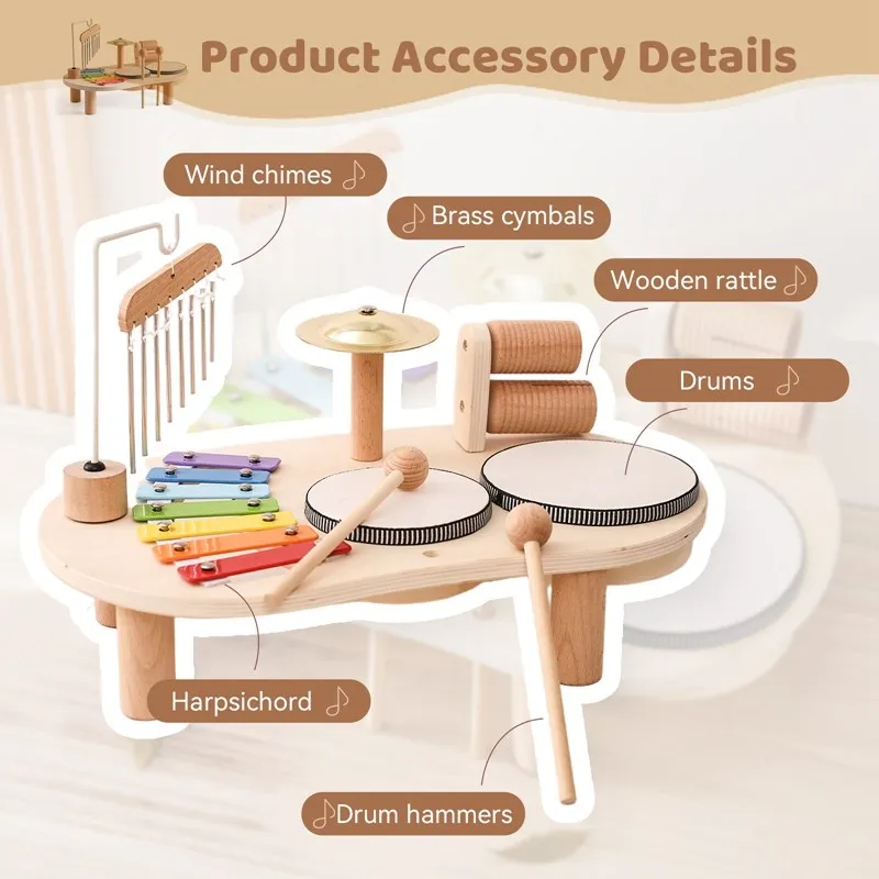 Kids Drum Set All in One Montessori Musical Instruments Set Toddler Toys Natural Wooden Music Kit Baby Sensory Toys Months Gifts