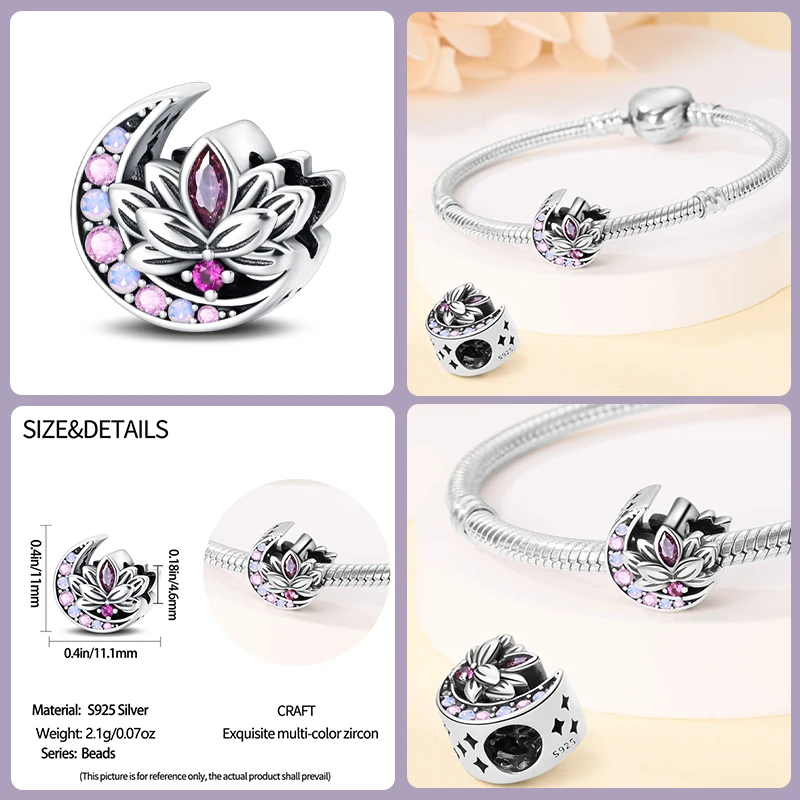 925 Sterling Silver Classic Purple Retro Heart Shape Lotus Angel Pattern Charms Beads Fit Pandora Original Bracelets DIY Jewelry