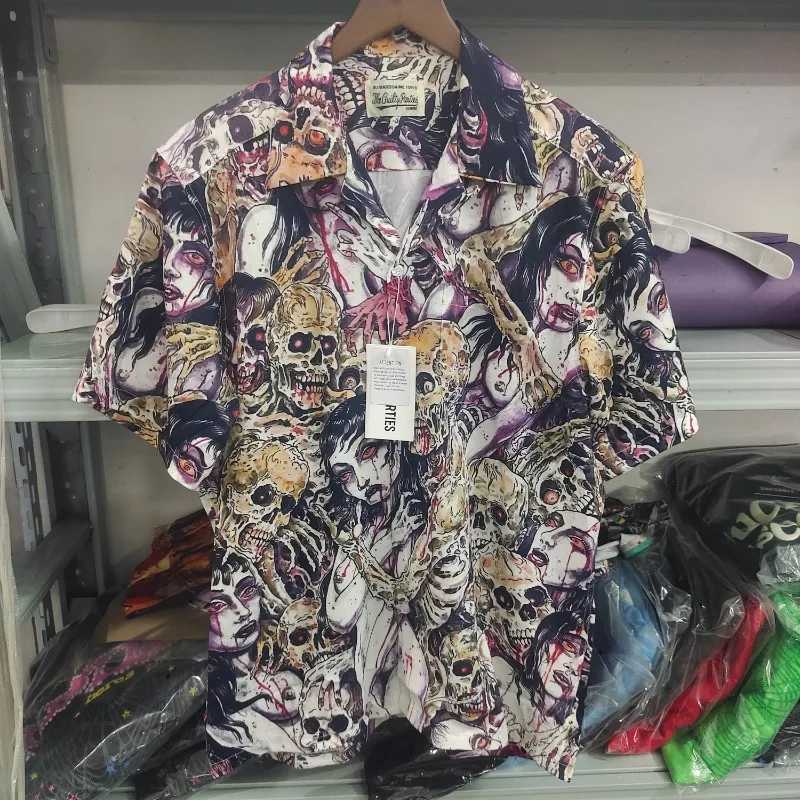 Men's T-Shirts New Tiger Pattern Wacko Maria Short sleeved Summer Mens and Womens Hawaiian Beach Casual Shirt J240402