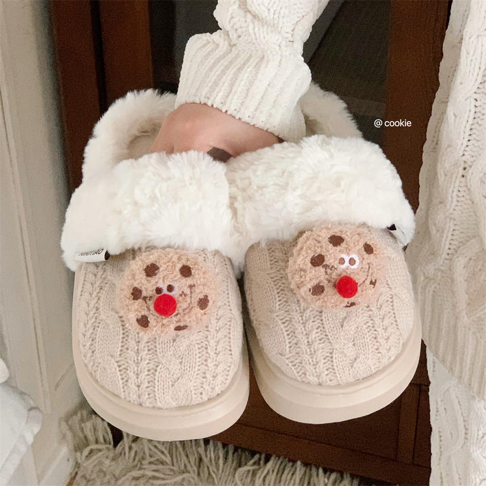 Women's winter trend Red Nose cookies Fluffy cotton slippers Warm and fun cotton slippers for the home bedroom in winter