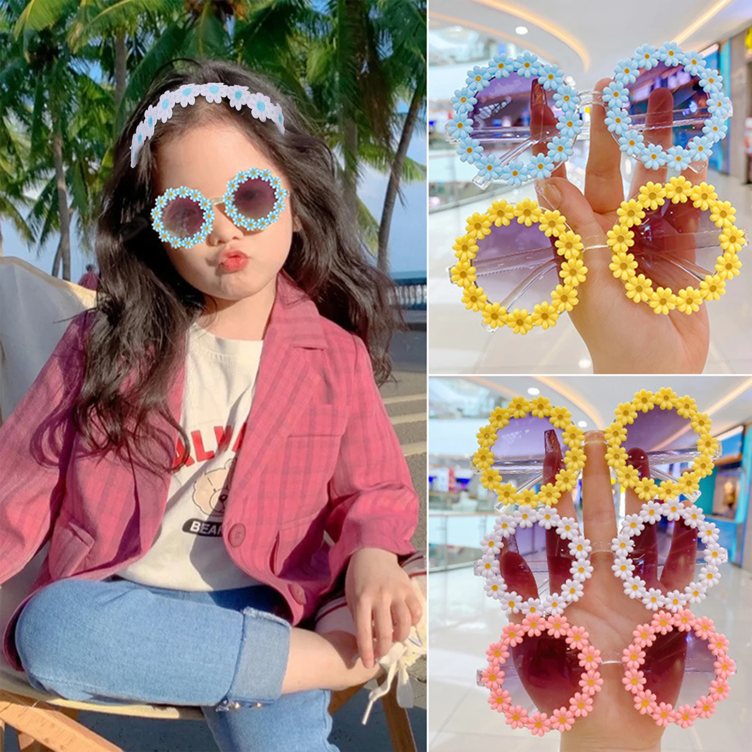Hippie Costume Daisy Sunflower Headbands Sunglasses for Baby Girls Kids 60s 70s Dressing Accessory Birthday Gift