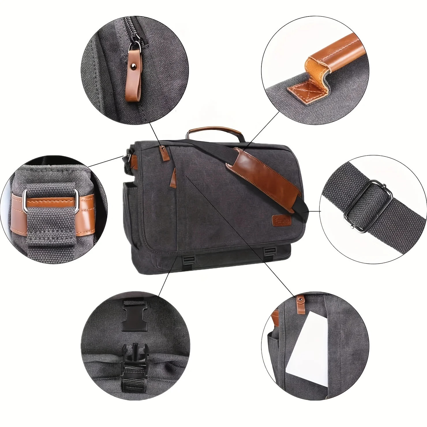 Crazy Horse Leather Mens Crossbody Briefcase Canvas Splashproof Workwear Messenger Bag Computer Tote 241029