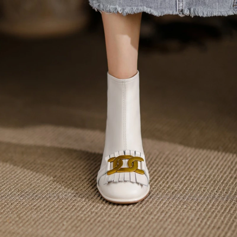 SALE HOT Tassel Metal Buckle Cute Genuine Leather for Short Chunky Boots Black Women Shoes e07c