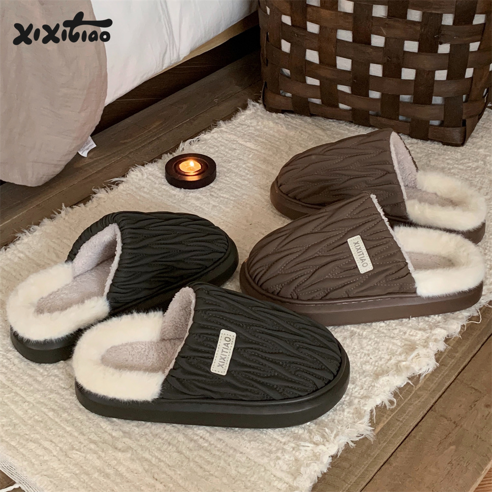 Men's winter toe pack Warm cotton slippers Fashion pleated soft sole slip men's indoor floor flat home non-slip shoes