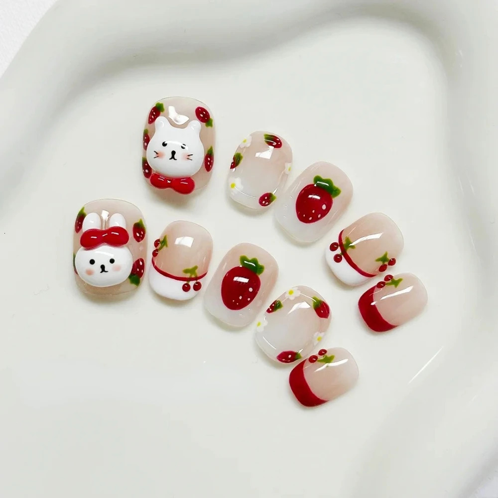 10 handmade pressed nails short square fake nails Christmas and Year limited edition red diamond nail n with set 241031