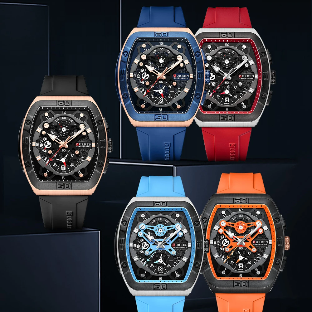 CURREN Brand Unique Tonneau Watches with Large Dial Casual Quartz Silicone Strap Wrist Watches with Luminous 8443