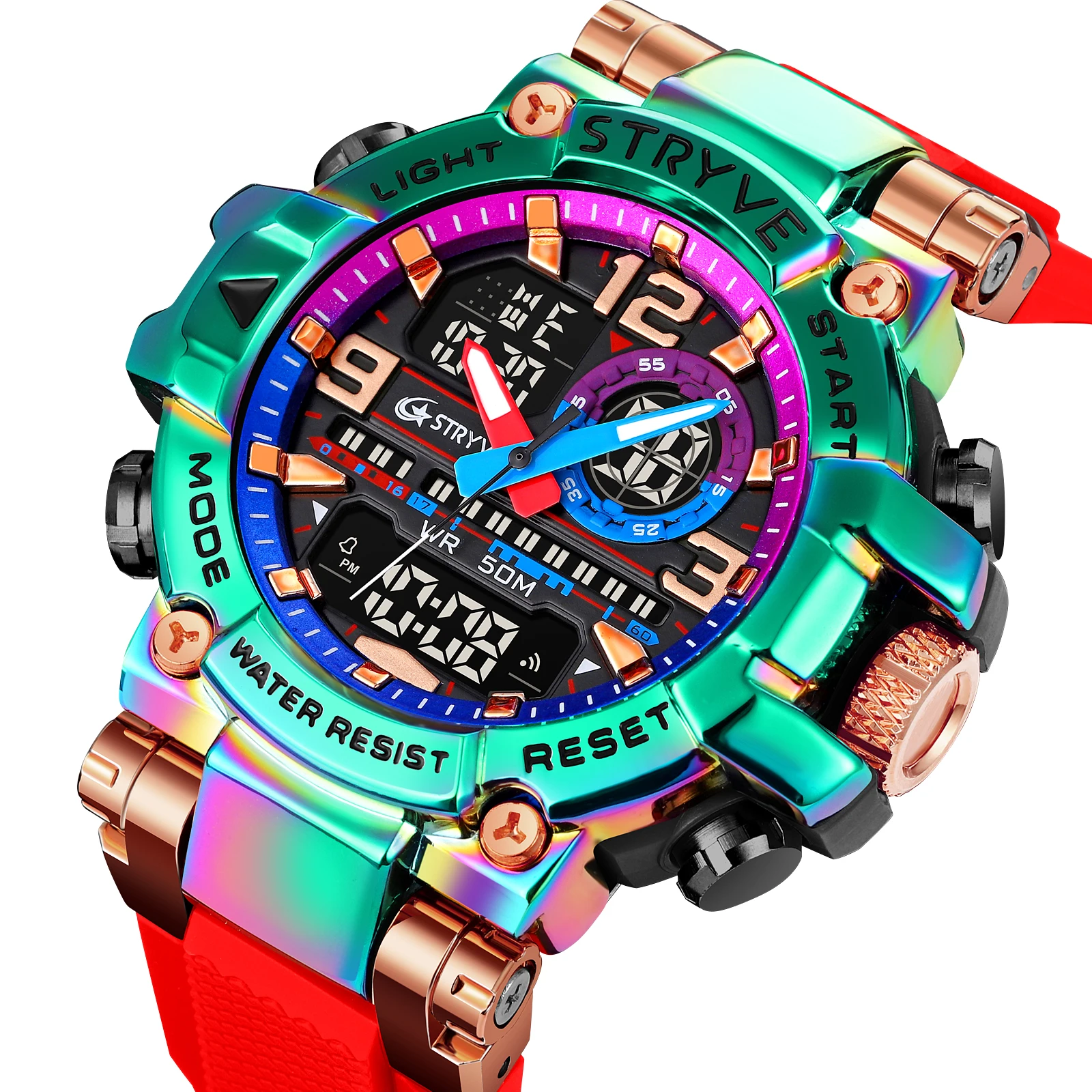 STRYVE Dual Display Men Watches Waterproof Sports Watch Military Man Alarm Stopwatch Quartz Wristwatch Male Digital Clock S8025