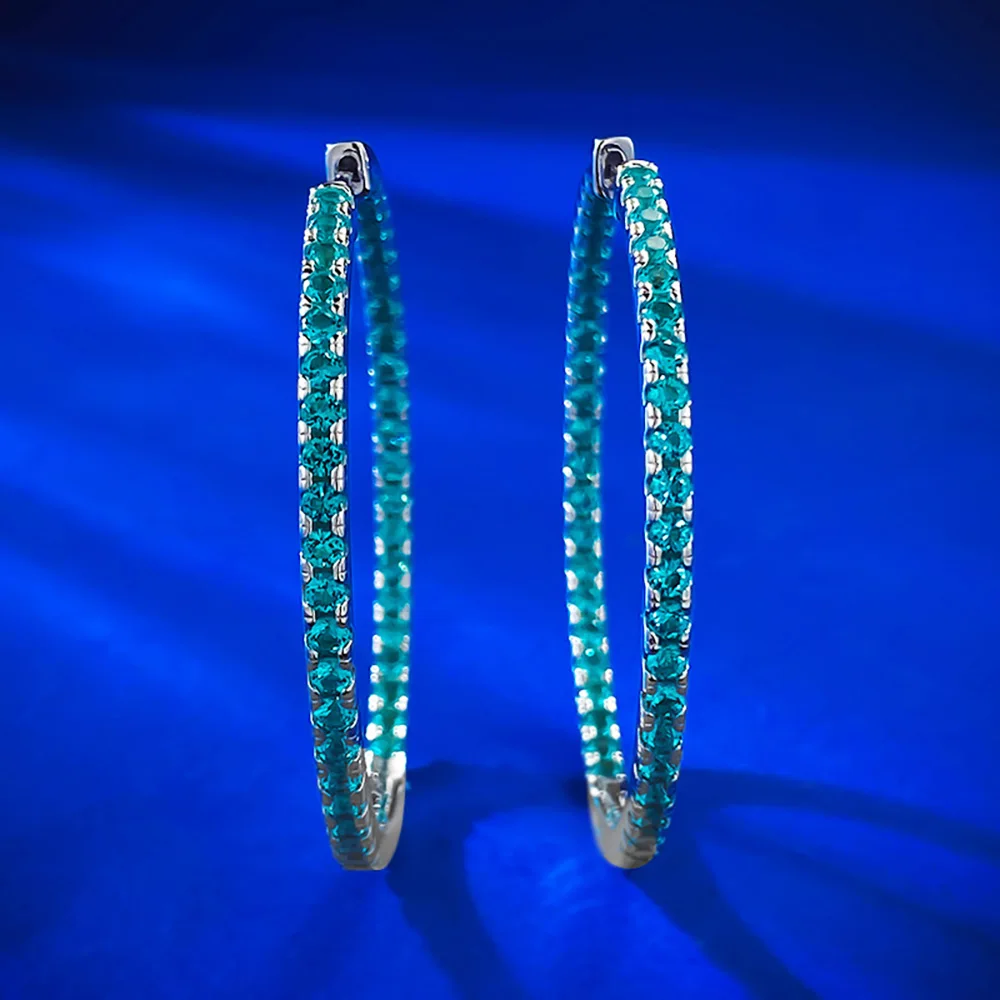 Luxury 100% 925 Solid Silver Blue-Green Tourmaline Hoop Earrings for Women Retro Gemstone Wedding Party Fine Jewelry Lady Gift