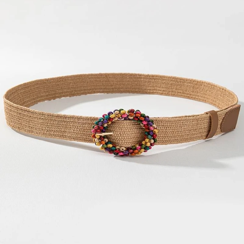 Boho-style Handwoven Belt for Women Vintage Straw Belts Colorful Round Buckle Waist Belt for Female Waist Accessories