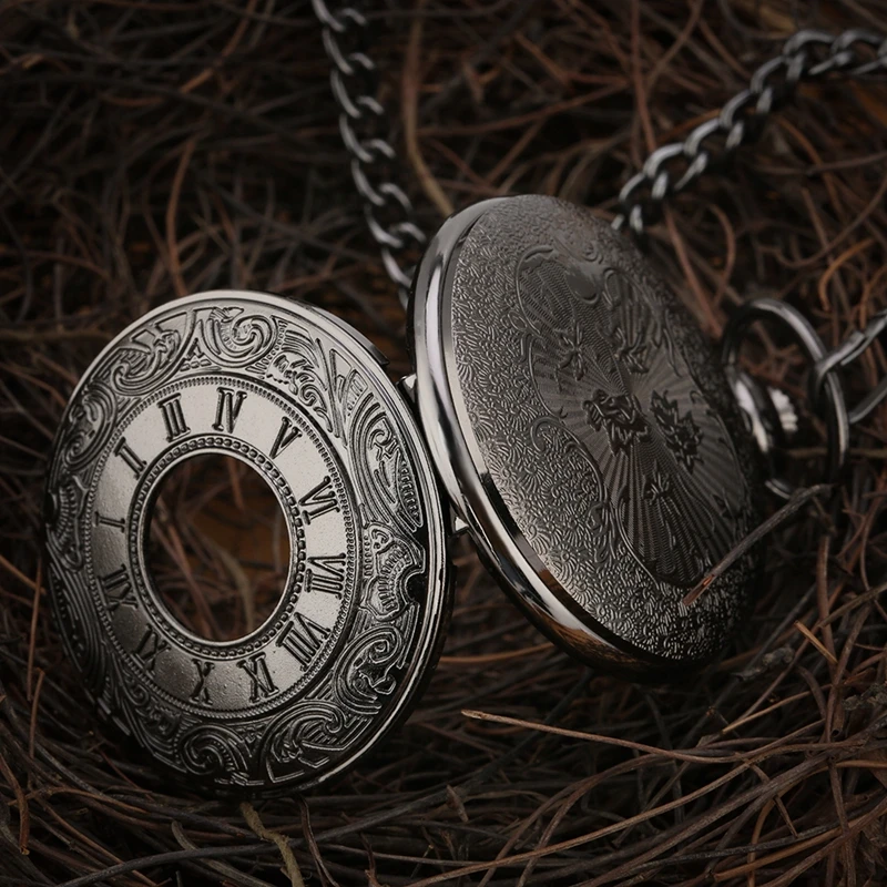 Vintage Pocket Watch Antique Roman Number Quartz Steampunk Pocket Watches Black Hollow Out Pendant Clock Chain Necklace Men Gift