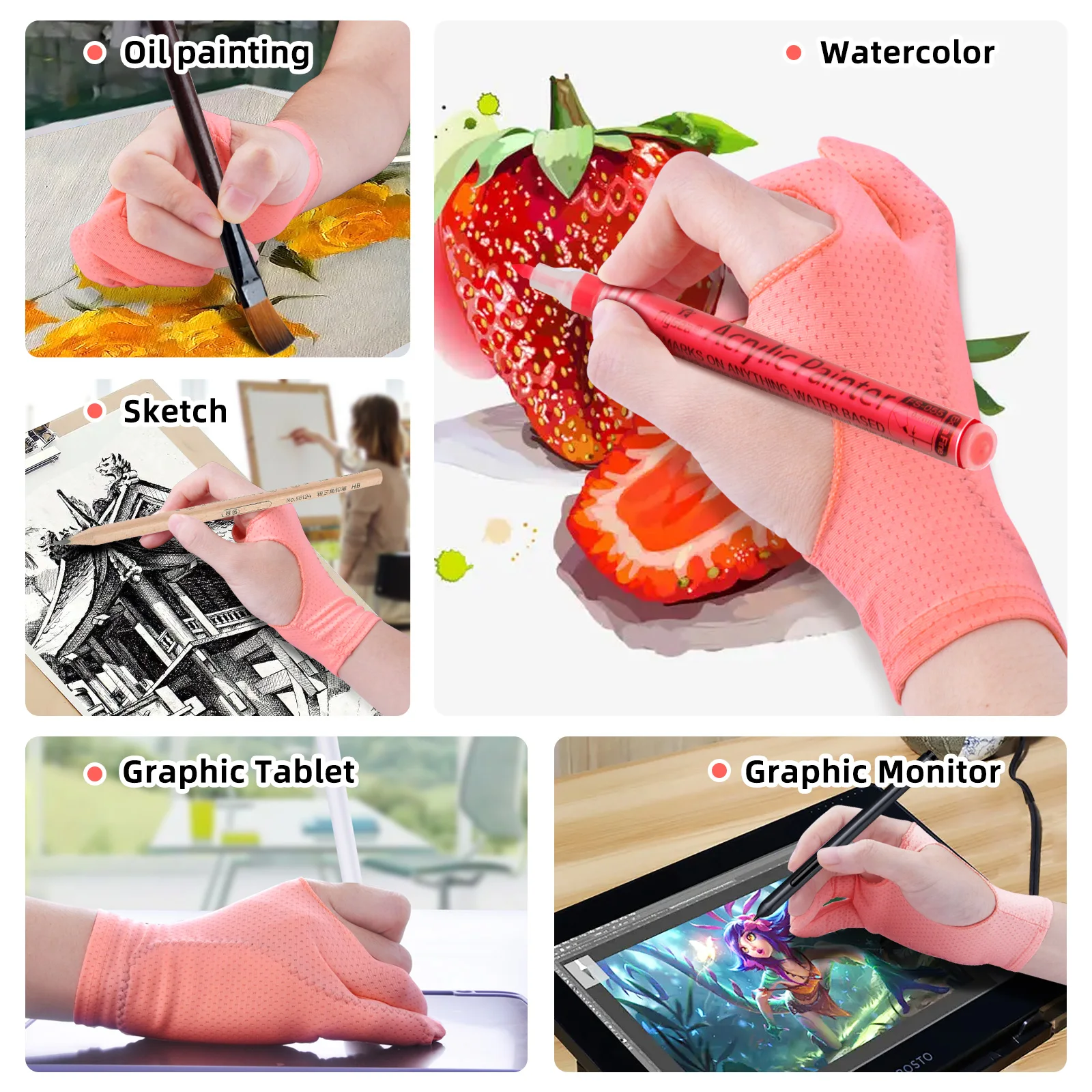 PC Pink Drawing Glove for Any Graphics Table finger Anti Fouling Right And Left Hand Gloves Artist 5