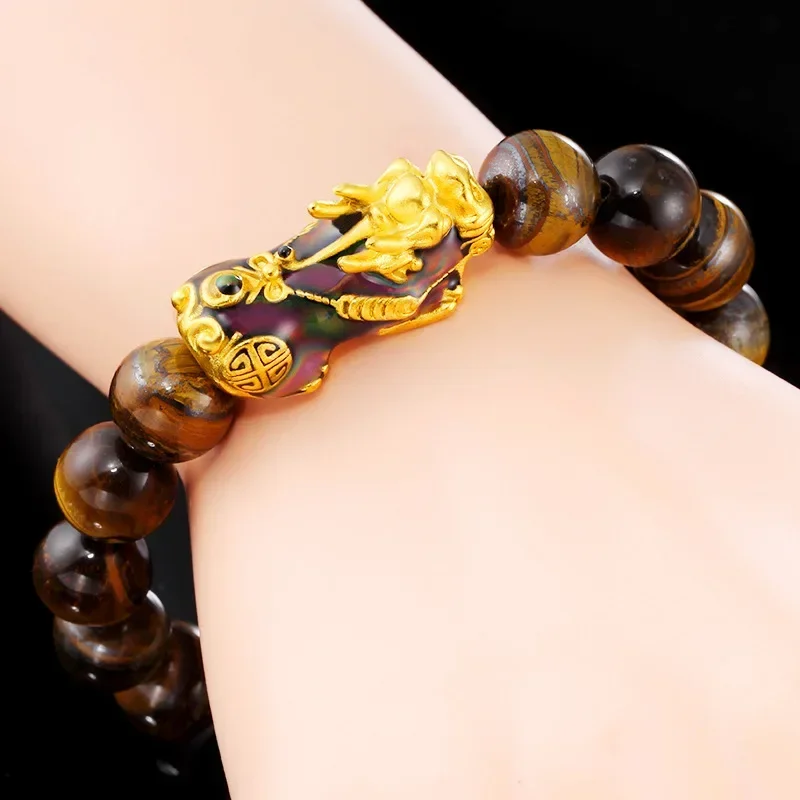 Natural Tiger Eye Beaded Mens Bracelet With Brave Troops Thermochromic Pixiu Charm Strand Bracelets Handmade Jewelry