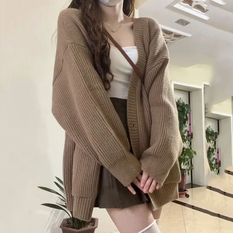 Rim Harajuku loose brown cardigan womens chic V Nekc single chest knitted cardigan womens autumn student sweater jacket 241031