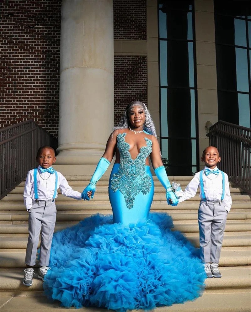 Elegant Blue Dias Prom Dresses For Black Girl Long Beaded Crystals Beading Tiered Ruffles Birthday Party Reception Gowns