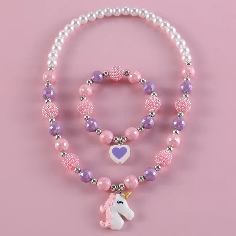 Makersland Children Necklace Bracelet Set,Cute Pendant Pink Purple Beaded Jewellery Girls Necklace Beads Jewelry Sets Wholesale