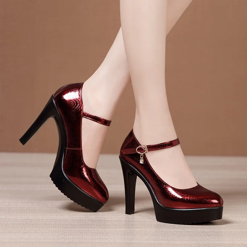 Small Size 32-43 Bright Leather Shoes Women's Platform Pumps 2024 Fall Shallow Block High Heels Wedding Shoes Silver Model Work