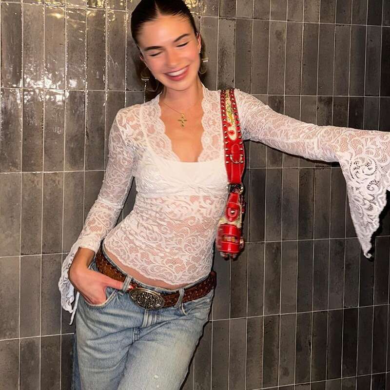 Designer style sexy deep V-lace women's solid color transparent trumpet long sleeved pullover street hollow slim fit top party set