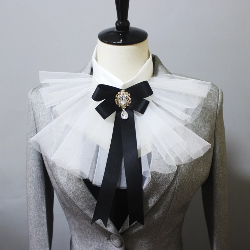 Womens Steampunk Colonial Jabot Necktie Victorian Layered Ruffle Mesh Tulle Neck Collar with Bowknot Costume Accessories