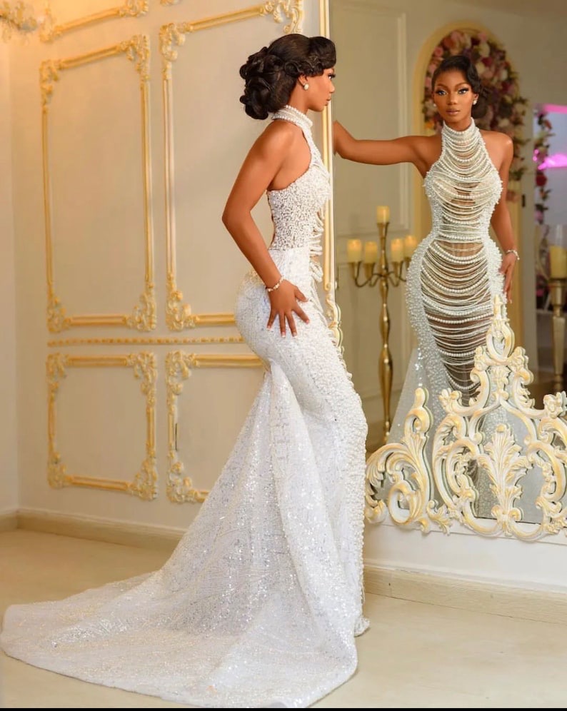 Mermaid Wedding Dress For Halter Pearls Sequins Illusion Wedding Dresses Bridal Gowns Sweep Train Backless Saudi Arabic African Bride Dress 0616