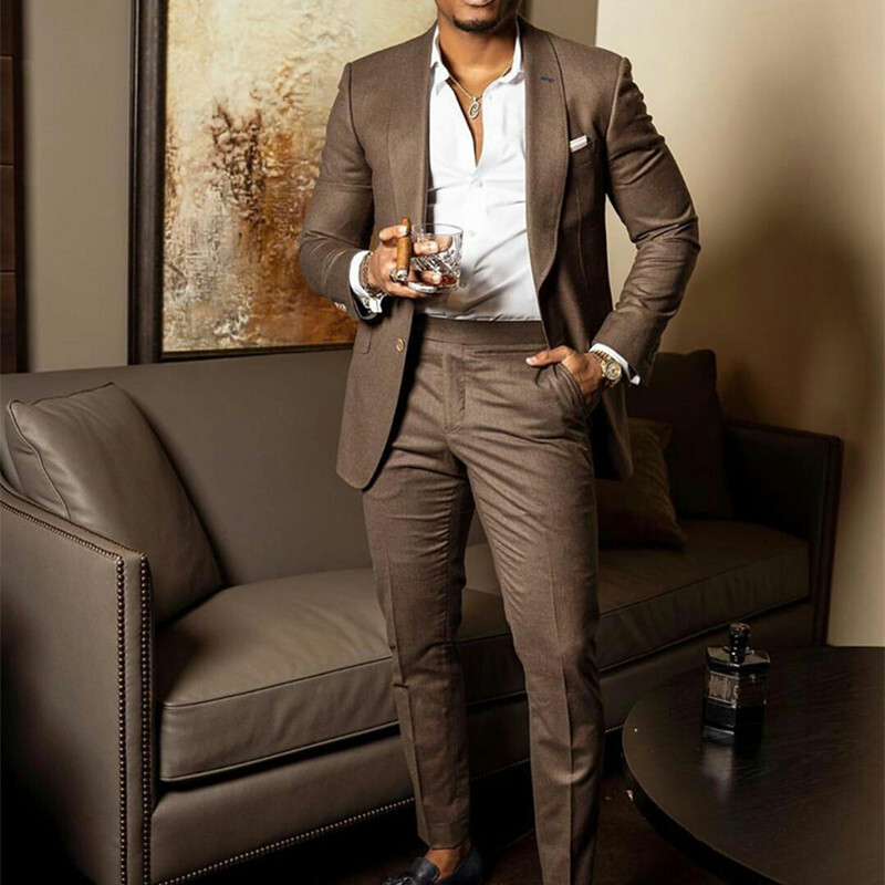 Latest Men's Wedding Suit Slim Fit 2 Piece Brown Groom Tuxedos Tailor Made Business Suits For Men Costume Homme (Blazer+Pants)