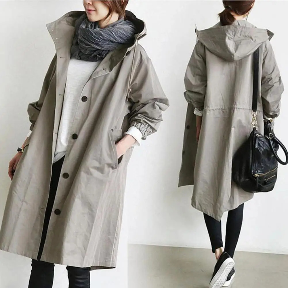 Womens trench coat elegant double chest womens coat lightweight windproof solid color womens medium length jacket 241031
