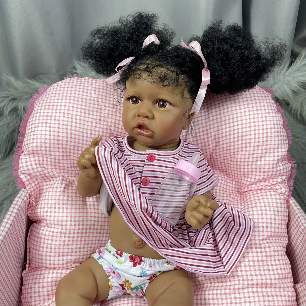 55CM Reborn Saskia African American Doll Full Vinyl Body Girl Washable Hand-rooted Hair Dark Skin Baby Doll For Kids Gift