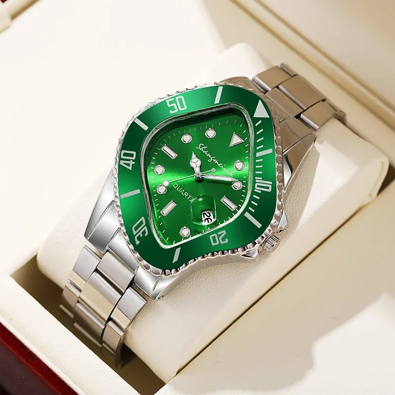 Watch for Men Irregular Twist Shaped Quartz Wristwatch Male Man Luxury Rhombic Green Calendar Wrist Watch Clock Reloj Hombre